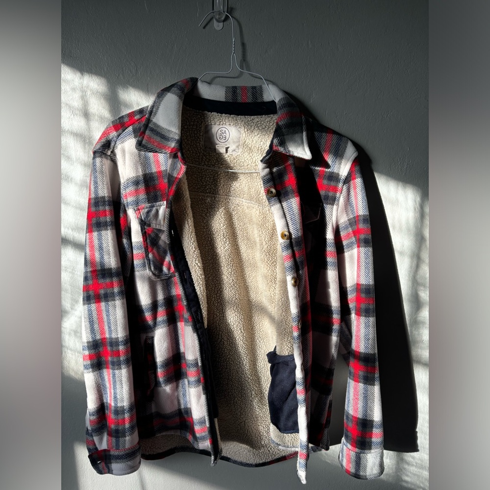 Fleece lined flannel jacket, very warm and cute.